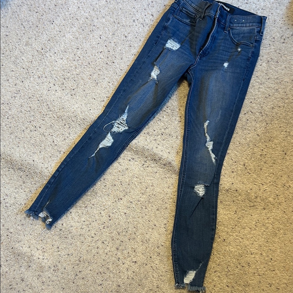 Express Dark Blue Distressed Skinny Jeans